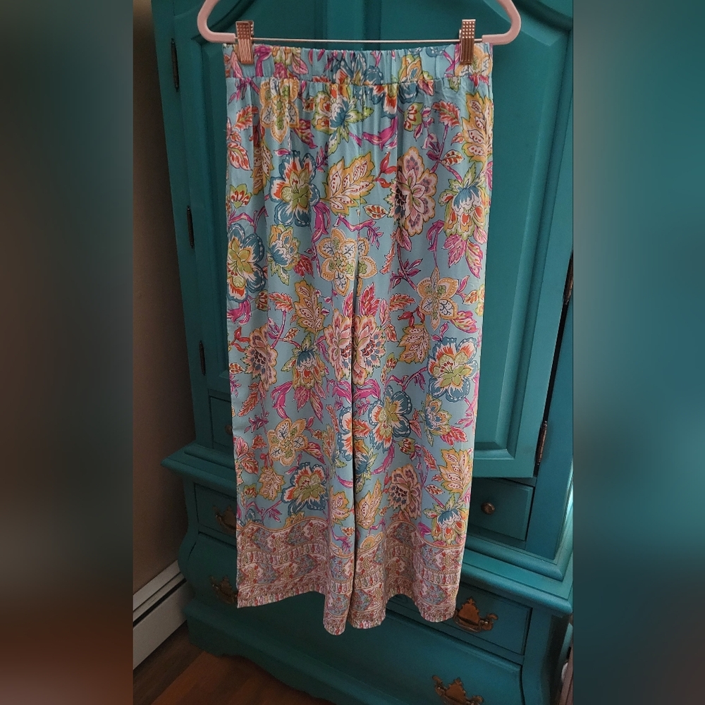 Easel Vibrant Floral Design Wide Leg Rayon Pants